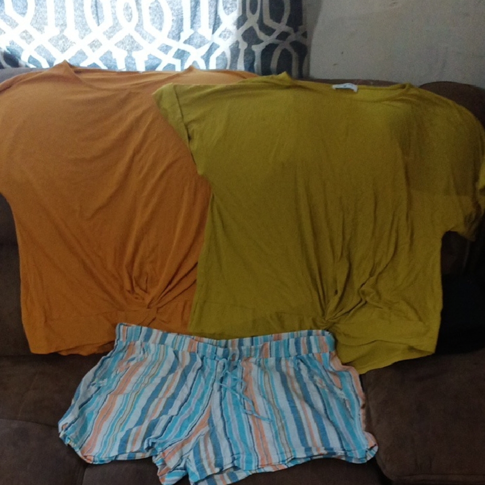 Zenana Outfitters Mustard and Orange Tops with Striped Shorts